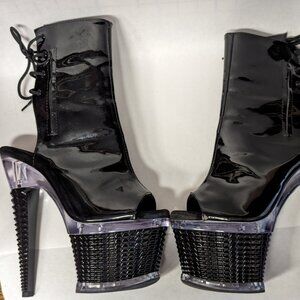 Pleasers Spectator 7" Heel, 3" Textured Platform Open Toe/Heel Patent Black